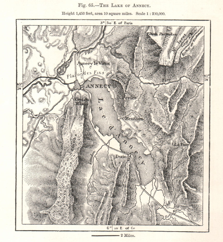 The Lake of Annecy. Haute-Savoie. Sketch map 1885 old antique plan chart